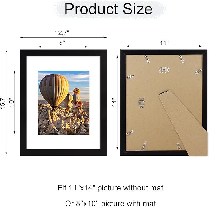 iRahmen 11x14 Picture Frame with Mat 8x10 - High Definition Tempered Glass Wooden Photo Frames for Wall Mounting (Pure Black, Set of 2)