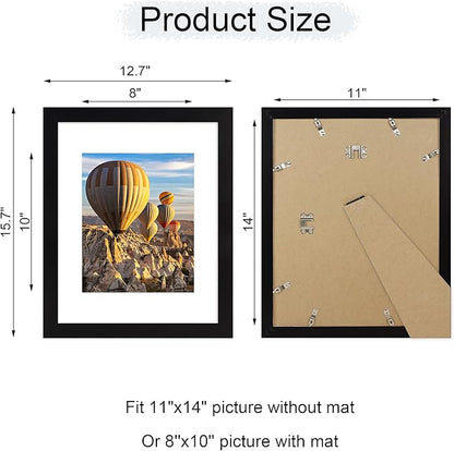 iRahmen 11x14 Picture Frame with Mat 8x10 - High Definition Tempered Glass Wooden Photo Frames for Wall Mounting (Pure Black, Set of 2)