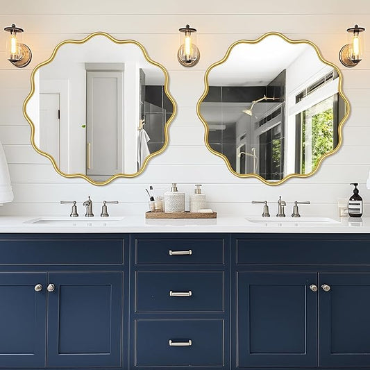 PROHOMEWARE Gold Round Mirror 32 Inch Wavy Bathroom Vanity Mirror Gold Frame Modern Wall Mirror Decorative Wall-Mounte Anti-Rust, Tempered Glass