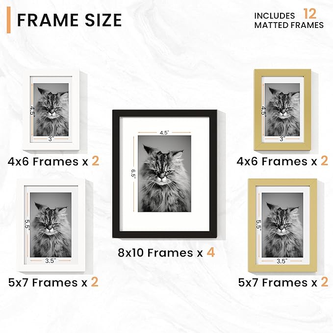 Venusmiles 12 Pack Picture Frames Collage Wall Decor, Gallery Frame Set for Wall Mounting or Tabletop Display, Multi Sizes Including 4pcs 8x10, 4pcs 5x7, 4pcs 4x6, Black+White+Gold