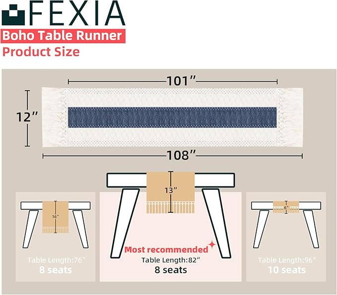 FEXIA Boho Blue Table Runner 108 Inches Long with Tassels Macrame Farmhouse Summer Style Graduation Party Rustic Wedding Baby Shower Dining Kitchen Living Room Decor (12x108 Inches)