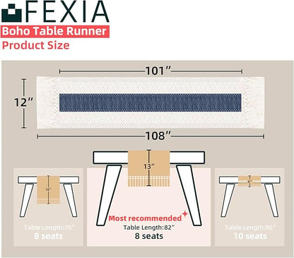 FEXIA Boho Blue Table Runner 108 Inches Long with Tassels Macrame Farmhouse Summer Style Graduation Party Rustic Wedding Baby Shower Dining Kitchen Living Room Decor (12x108 Inches)