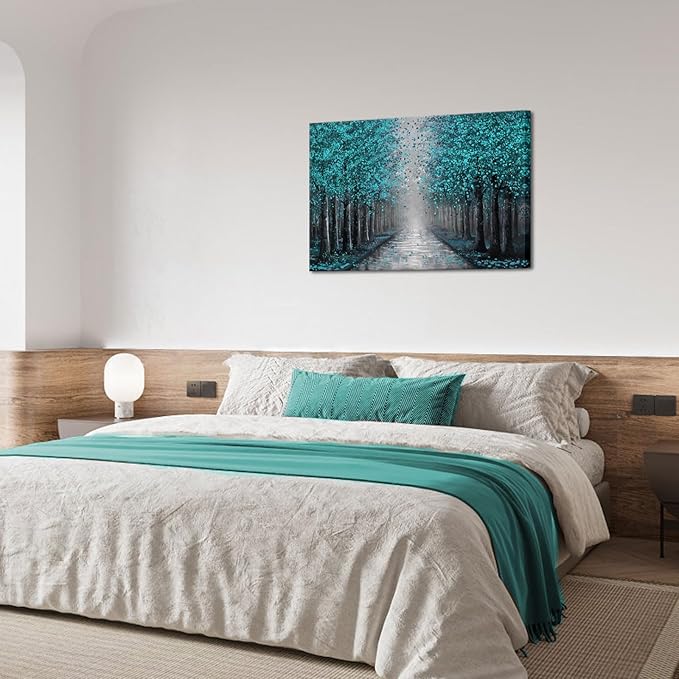 NutArtPic Forest Path Wall Art Teal Grey Canvas Forest Tree Artwork Paintings Wall Decor Fantasy Tree Picture Prints Wall Decoration 24''x36''