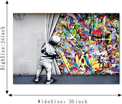 Yatsen Bridge Classic Street Art Banksy Graffiti Wall Art Behind The Curtain Posters Canvas Paintings Colorful Graffiti Pictures Prints Framed for Living Room Home Decor(36''W x 24''H)
