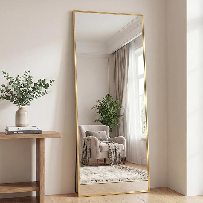 Sweetcrispy 68"x26" Full Length Mirror, Full Body Mirror with Aluminum Alloy Thin Frame, Leaning or Standing, Suitable for Bedroom, Livingroom, Cloakroom, Gold