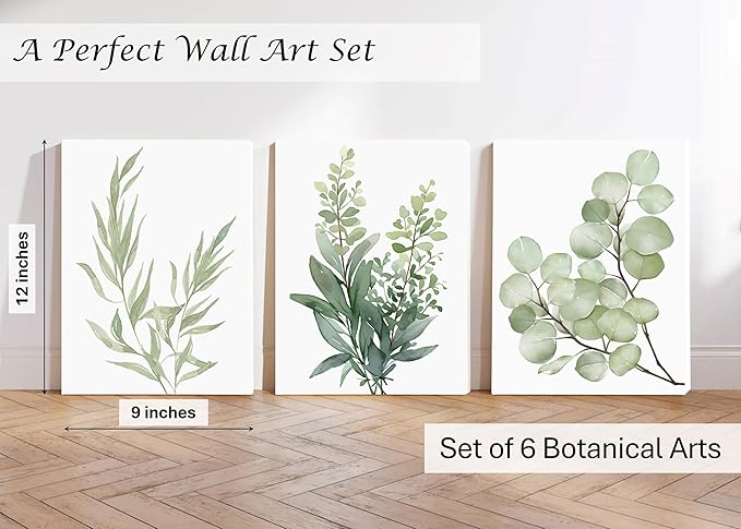 Induslyfe Framed Eucalyptus Sage Green Botanical Plant Wall Art Canvas Decor Set of 6, Nature Wall Art Prints Posters, Flower Wall Art for Bathroom Bedroom Living Room 9x12