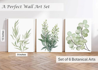 Induslyfe Framed Eucalyptus Sage Green Botanical Plant Wall Art Canvas Decor Set of 6, Nature Wall Art Prints Posters, Flower Wall Art for Bathroom Bedroom Living Room 9x12