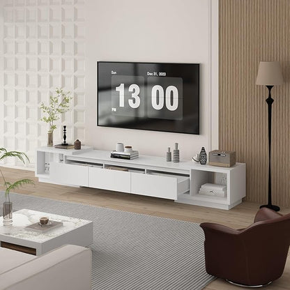 Extendable TV Console Table Modern TV Cabinet with Drawers, Contemporary Entertainment Center Media Storage Console Table for Living Room White (65.4-106.3”W x 15.7”D x 15.4”H)