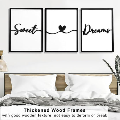 3D Wood Sweet Dreams Wall Decor Above Bed Decors, Bedroom Wall Art 36x16”, Black Wall Decor for Bedroom (12x16 inches, Set of 3, Framed)