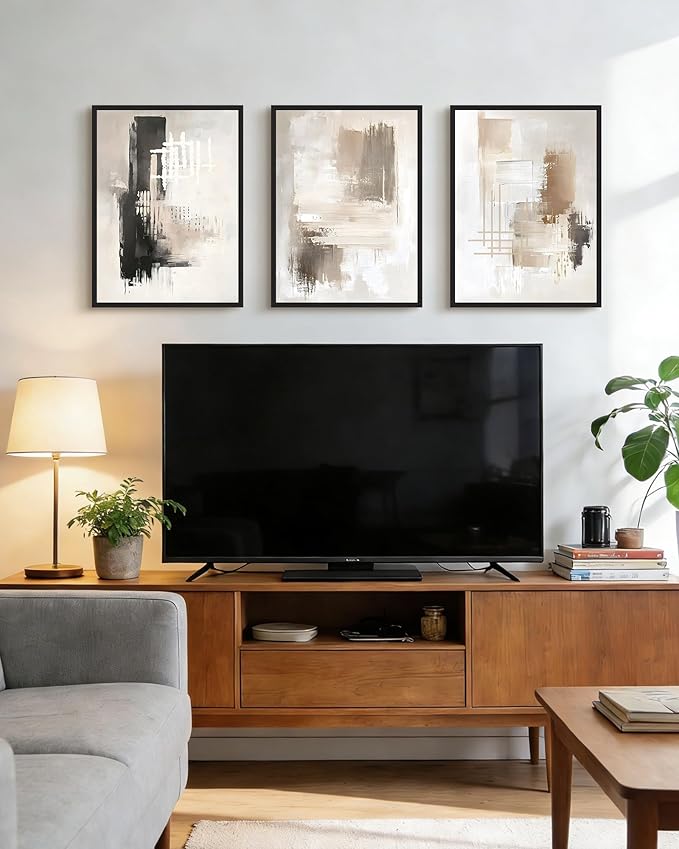 PHOPAGO Modern Abstract Framed Wall Art Mid Century Minimalist Beige Pastel Neutral Wall Decor for Kitchen Hallway - 12x16in Black Framed