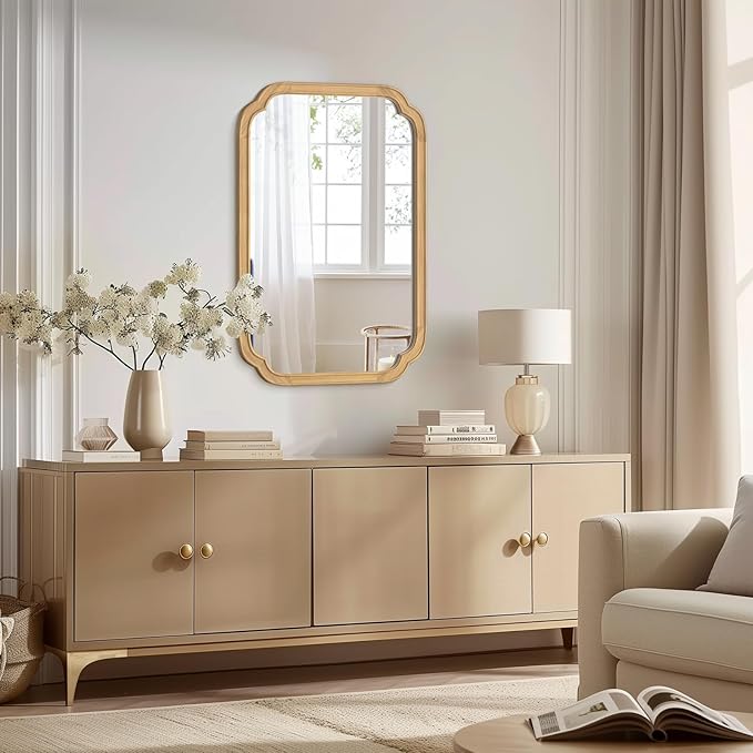 HOMECOOKIN Wood Bathroom Mirror for Wall Decor Arched Rounded Corner Rustic Wood Frame Wall Mirror Home Decorative for Vanity, Living Room, Bedroom, Entryway (20 x 30 inch, Natural)