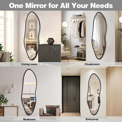 Irregular Full Length Mirror, 65"x22" Wooden Farmhouse Full Body Mirror, Large Asymmetrical Wall Mirrors for Living Room Entryway, Horizontal/Vertical, Black