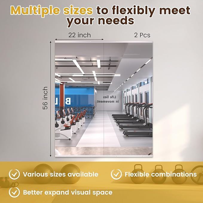 LOAAO Home Gym Mirror, 56"x22"-2 PCS Gym Mirrors for Wall, Frameless, Tempered Glass, Large Workout Mirrors for Home Gym, Dance Studio, Yoga Room, Garage Gym