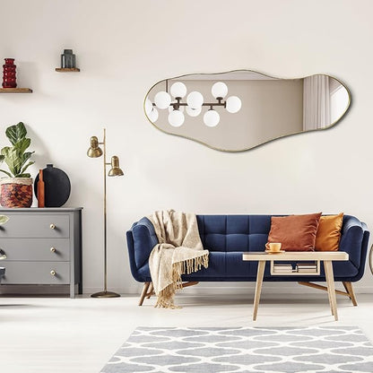 Large Asymmetrical Mirrors, 55"x22" Irregular Shaped Mirror, Gold Metal Frame Abstract Wall Mirror Decorative, Modern Funky Mirrors for Living Room Bathroom Bedroom Hallway Entryway Fireplace