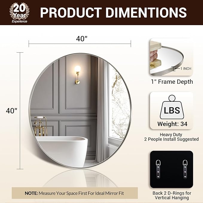 ANDY STAR Circle Mirror, Large Round Brushed Nickel Bathroom Mirror, Silver Round Vanity Mirror, Seamless Thin Metal Frame, 1" Deep Wall Mounted, Perfect for Oversized Space