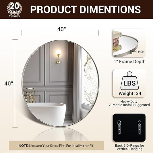 ANDY STAR Circle Mirror, Large Round Brushed Nickel Bathroom Mirror, Silver Round Vanity Mirror, Seamless Thin Metal Frame, 1" Deep Wall Mounted, Perfect for Oversized Space