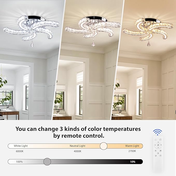 19.7" Dimmable Crystal Chandeliers Modern Crystal Ceiling Light Fixtures Acrylic 5 Arms Led Flush Mount Ceiling Light Lamp for Dining Room Living Room Bedroom Hallway Remote Control