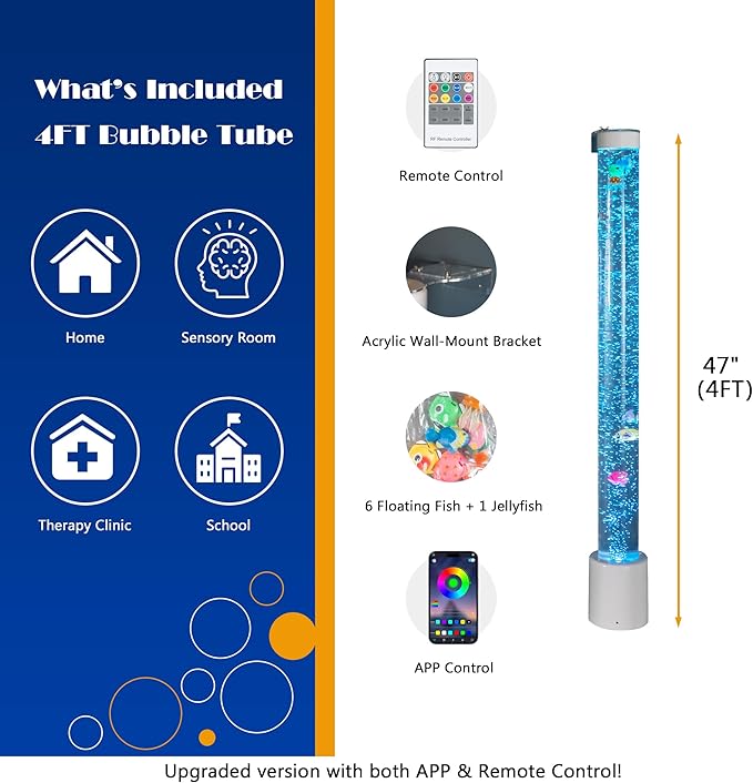 Bubble Tube Floor Lamp – Works with Various Controllers, Color-Changing Aquarium Mood Light for Visual Stimulation & Relaxation in Home, Sensory Rooms & Therapy Clinics (4FT Bubble Lamp)