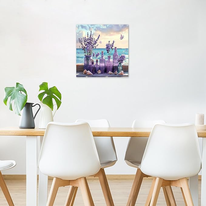 LB Ocean Purple Lavender Wall Art Purple Flower in Vase with Butterfly Canvas Wall Art Blue Sky and White Cloud Wall Art Decor for Living Room Bedroom Bathroom Office Framed Ready to Hang 12L x 12W