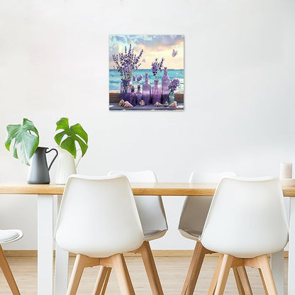 LB Ocean Purple Lavender Wall Art Purple Flower in Vase with Butterfly Canvas Wall Art Blue Sky and White Cloud Wall Art Decor for Living Room Bedroom Bathroom Office Framed Ready to Hang 12L x 12W