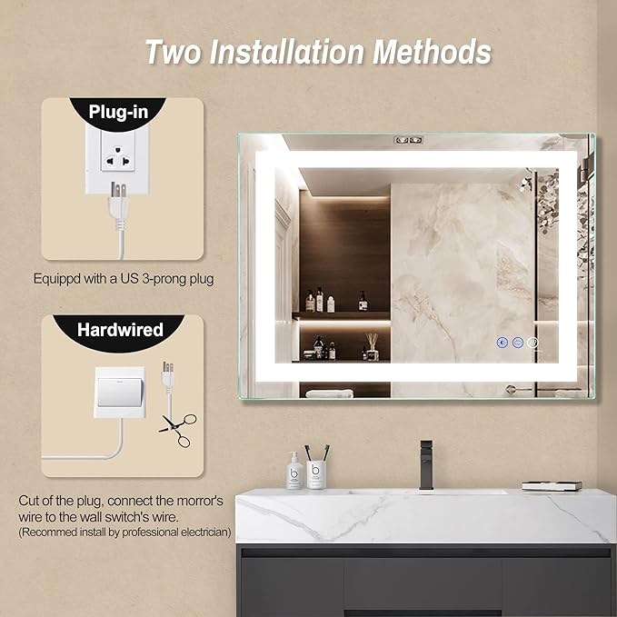 36"x 28" LED Bathroom Mirror with Light, Anti-Fog, Dimmable, Color Temperature Adjustable 3000-6000K, Memory Function Led Wall Mirror for Bathroom, Vanity (Vertical/Horizontal)