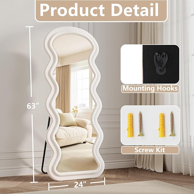 Full Length Mirror, 63"x24" Wavy Full Body Freely Standing Mirrors, Flannel Floor Mirror with Stand for Bedroom, Living Room, Hanging Leaning Wall Mirror Modern Home Decor