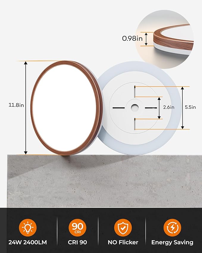 Matane 12inch LED Flush Mount Ceiling Light with Night Light, 2400LM 3000K 4000K 5000K Dimmable Light Fixture, Low Profile Ceiling Light for Bedroom, Living Room, Kitchen, Hallway, Walnut