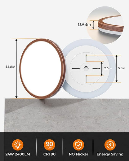 Matane 12inch LED Flush Mount Ceiling Light with Night Light, 2400LM 3000K 4000K 5000K Dimmable Light Fixture, Low Profile Ceiling Light for Bedroom, Living Room, Kitchen, Hallway, Walnut