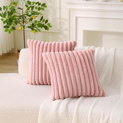 Decorative Throw Pillow with Inserts, Set of 2 Soft Faux Fur Throw Pillows, Square Boho Striped Pillow for Couch, Bed, Sofa Decor (Pink, 18" x 18"(Pack of 2))