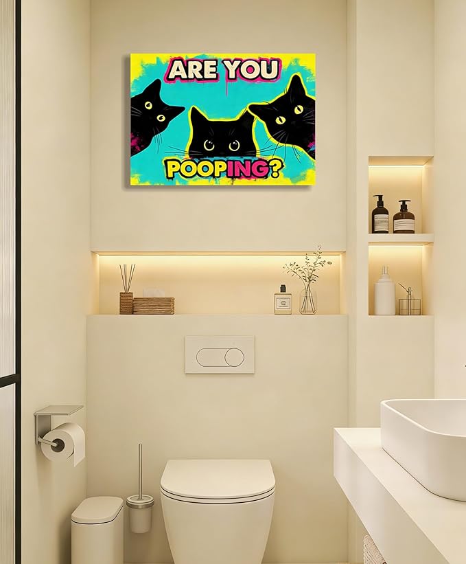 Funny Black Cat Bathroom Canvas Wall Art - Are You Pooping? Colorful Humor Poster for Washroom, 16x24 Inch Framed Graffiti Print for Toilet Restroom, Pop Art Wall Decor, Gifts for Cat Lovers
