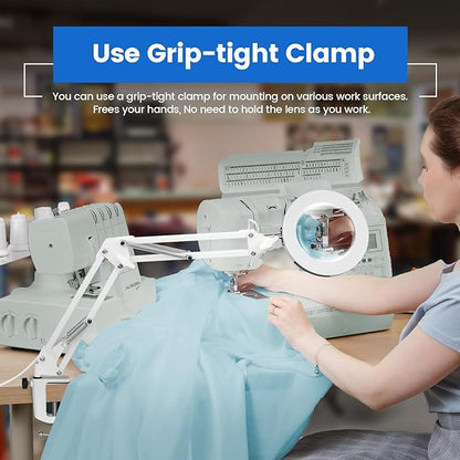 KIRKAS 10X Magnifying Glass with Light and Stand, 2-in-1 Stepless Dimmable LED Desk Lamp with Clamp, 3 Color Modes Lighted Magnifier Swivel Arm Light for Reading, Craft, Close Works - White
