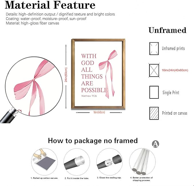 JBZDD Coquette Pink Bow Wall Art Decor Posters Set of 3, Inspirational Bible Verses Pictures Prints Coquette Aesthetic for Girls Room College Apartment Living Room Bedroom Unframed 16x24 In