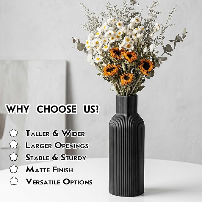 Large Black Tall Ceramic Vase,Modern Smooth Vertical Ribbed, Nordic Minimalist for Pampas Dried & Fresh Flowers, Home Decor for Living Room, Coffee Table, Bookshelf, Entryway, Farmhouse