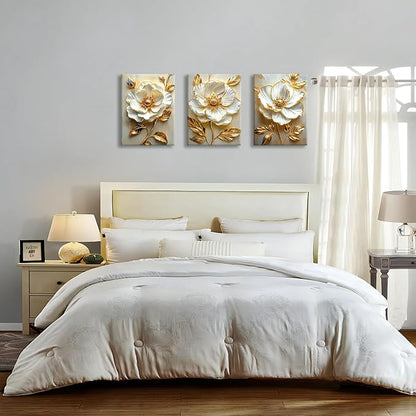 WENGTIAO Modern White Floral Golden Leaves Canvas Wall Art Set, Neutral 3d Flowers Wall Painting Pictures Boho Beige Blossom Wall Decor Posters Print Artwork for Bedroom Living Room Office 12x16x3Pcs