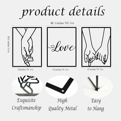 EDCIJB 3 Pcs Love Hands Minimalist Black Metal Wall Art Valentines Day Wall Decor Abstract Love Heart Black Couple Wall Art Decor for Bedroom Living Room