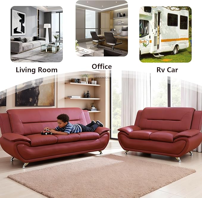 Living Room Furniture Sets, Red Faux Leather Sofa Couch for Living Room, Sofa and Loveseat for Office, Bedroom, Apartment