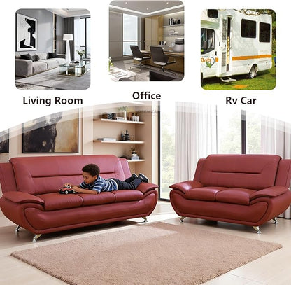Living Room Furniture Sets, Red Faux Leather Sofa Couch for Living Room, Sofa and Loveseat for Office, Bedroom, Apartment