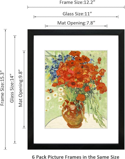 11x14 Picture Frame Set of 6 with Real Glass for Pictures 8x10 with Mat or 11x14 Without Mat, Wall Gallery or Tabletop display Photo Frames in Black