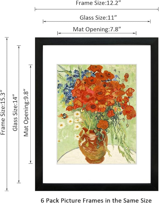11x14 Picture Frame Set of 6 with Real Glass for Pictures 8x10 with Mat or 11x14 Without Mat, Wall Gallery or Tabletop display Photo Frames in Black