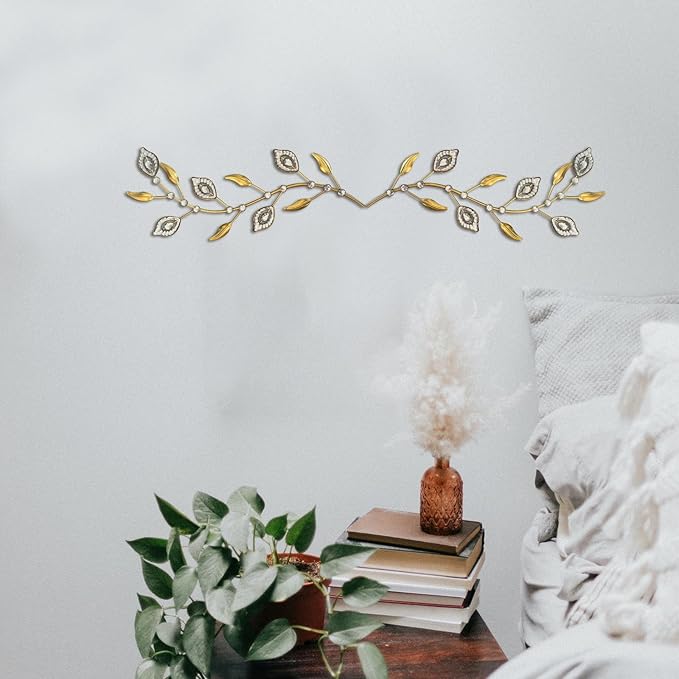 sxnzequnze 2 Sets Leaf Wall Art for Home Metal Bling Rhinestones Ready to Hang Tree Branch Leaves Olive Vine Wrought Iron Hanging Sculpture Pieces Wall Decor Pcs - 16.5in