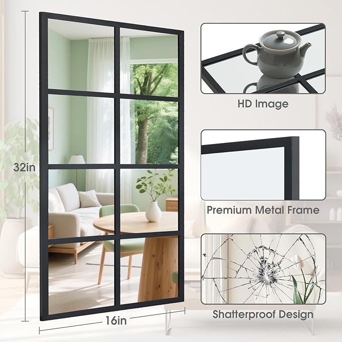 DUMOS Wall Mirror 16" x 32", Rectangle Window Pane Decorative Mirror, Metal Framed Wall Mounted Mirror for Bathroom, Bedroom, Entryway, 1 Pack