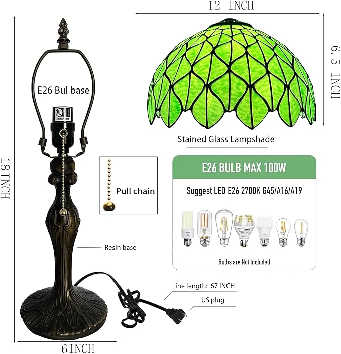 Tiffany Lamp Stained Glass Table Lamp 12 x 19” Green Maple Leaf Style Decorative Lamp Bedside Reading Light for Desk Living Room Bedroom Office Study Light Home Decor Gift
