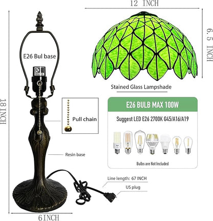 Tiffany Lamp Stained Glass Table Lamp 12 x 19” Green Maple Leaf Style Decorative Lamp Bedside Reading Light for Desk Living Room Bedroom Office Study Light Home Decor Gift