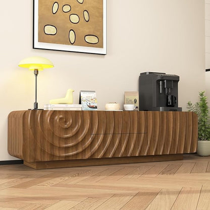 TV stand for 65'' TV , Media Console Table with Storage Cabinet, Spiral Wave Design,Low Profile Credenza for Living Room,Entertainment Center Television Stand with Curved Corner for Bedroom Walnut