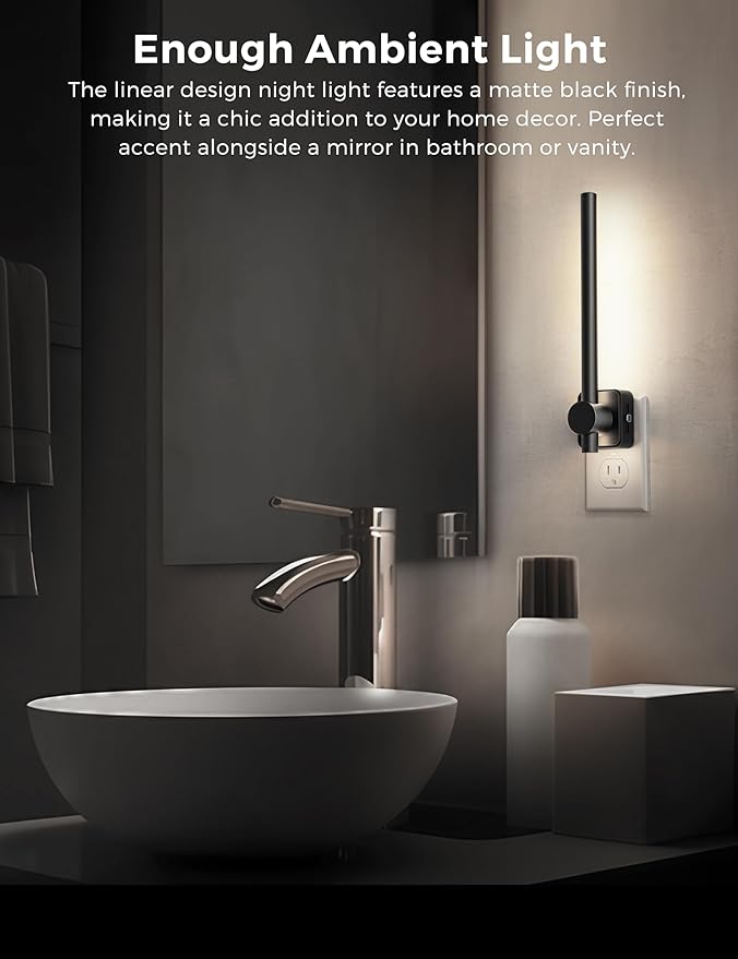L LOHAS LED Night Light, Dimmable Night Lights Plug into Wall 0-200LM, Dusk to Dawn Sensor, 2W Bathroom Night Lights, Daylight 5000K, Modern Black Plug in Nightlight for Mirror Restroom,1Pack