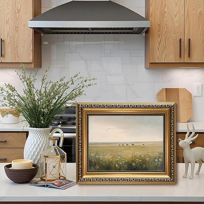 WZGZXU Vintage Gold Framed Wall Art Horse Canvas Art Wild Horses In Field Pictures Wall Decor Farmhouse Prints Country Paintings Landscape Artwork For Living Room Bedroom Gallery 8x10in
