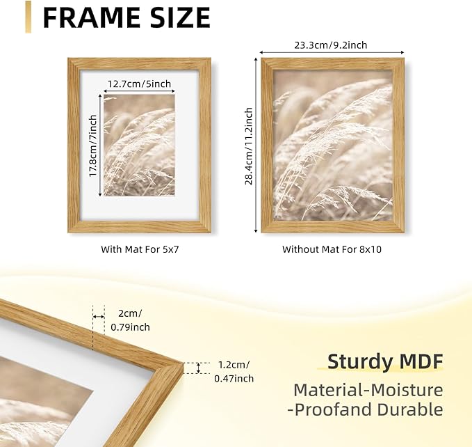 YESKAY 8x10 Picture Frame Set of 9, Display Pictures 5x7 with Mat or 8 x 10 Without Mat, Multi Photo Frames for Wall Mounting or Table Top Display, Natural Oak