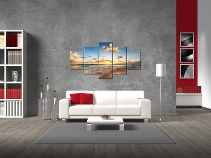 Sunset Beach Wave Scene Seascape Landscape Picture Modern Painting on Canvas 5 Piece Framed Wall Art for Living Room Bedroom Home Decor Gallery Wrap Giclee Posters and Prints (60’’W x 32’’H)