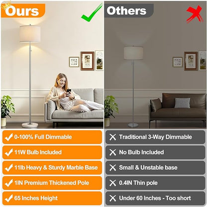 【Upgraded】 Dimmable Floor Lamp for Living Room, 11W LED Bulb Included, Modern Standing Lamp with Marble Base, Tall Pole Light with Linen Shade for Bedroom Reading Office Corner Nursery-Brushed Nickel