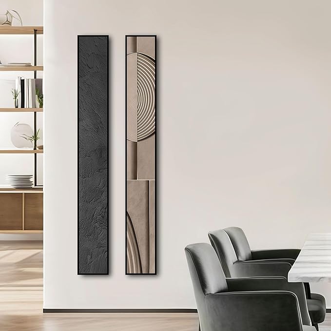 Large Framed Long Narrow Vertical Abstract Wall Art Set of 2, Premium Crystal Porcelain Canvas Prints, Beige Modern Design - Perfect for Entryway, Hallway, Living Room, Bedroom - 63x10 inch